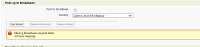 Screenshot showing vacancy sourcing page, post up to Broadbean section with error message for JobType mapping